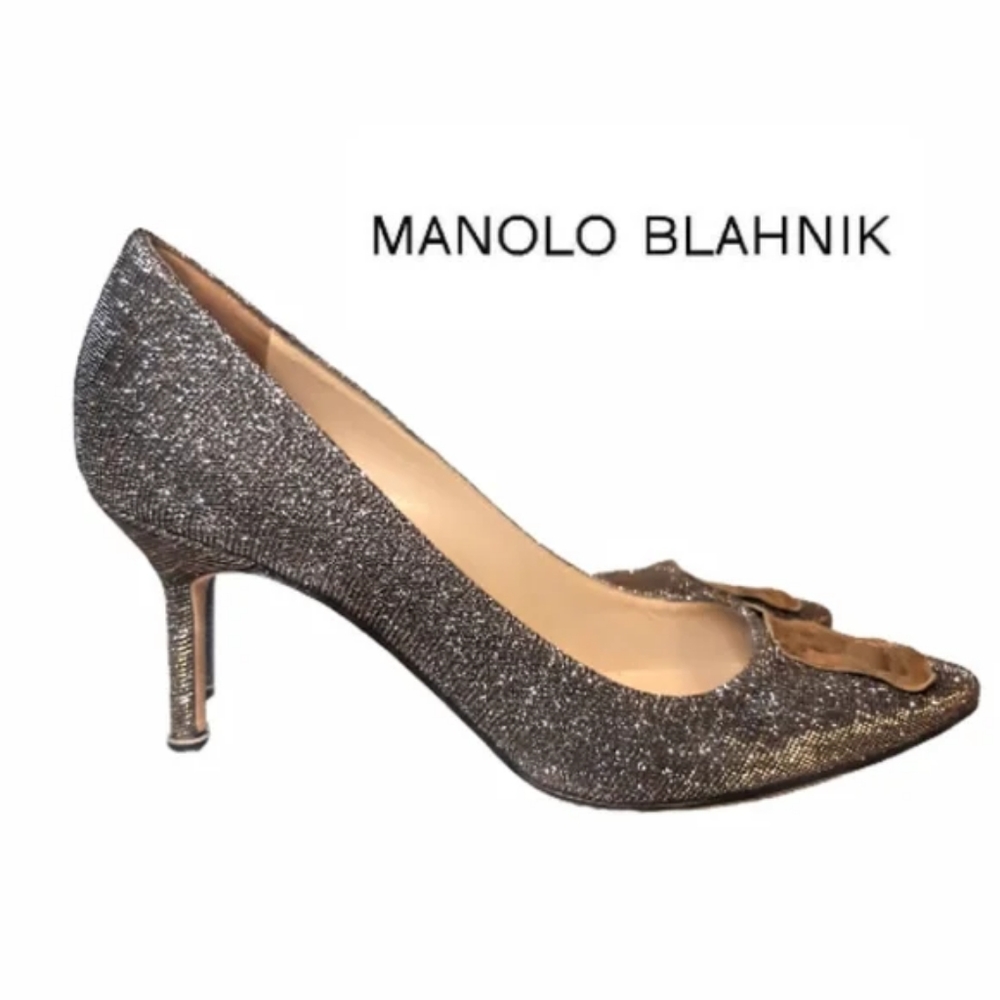 Manolo Blahnik Hangisi Pointed Toe Pump Silver Gold Glitter Stilletto Kitten